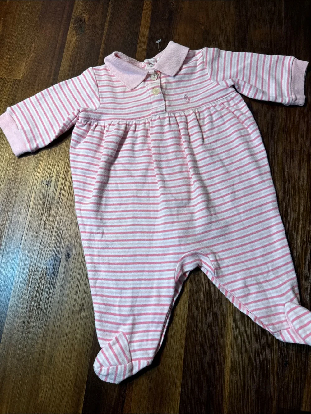 Ralph Lauren Baby Girl Pink Striped Footed Romper Size 6M Polo logo